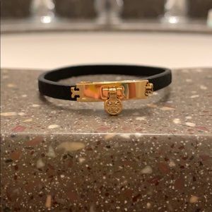 Tory Burch Thin Black Leather Gold Logo Bracelet